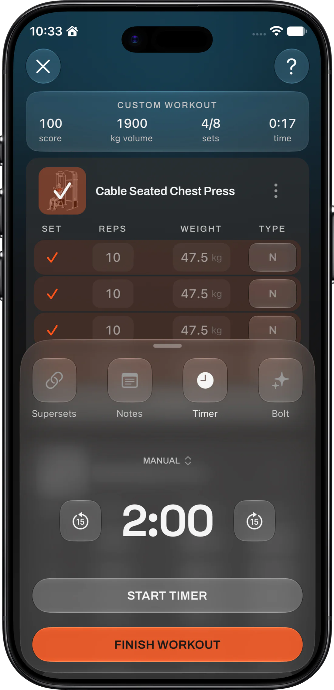 A Custom Workout scoring 100, with Cable Seated Chest Press sets logged at 47.5 kg and the tools sheet open on a 2:00 rest timer