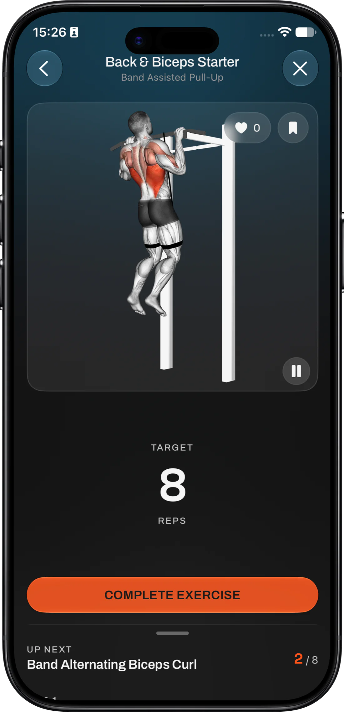 A guided Back & Biceps Starter session on Band Assisted Pull-Up, with an exercise demo, a target of 8 reps and Band Alternating Biceps Curl up next