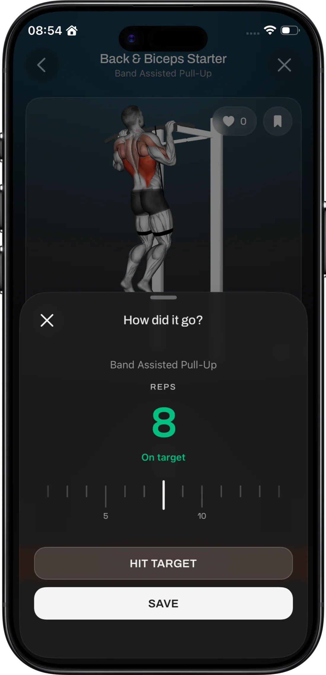 A Back and Biceps Starter session logging 8 reps of Band Assisted Pull-Up against the target